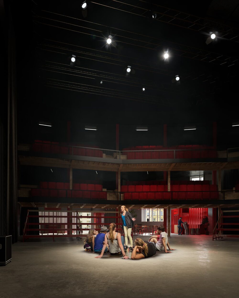 Atelier théâtre en cercle sur la scène de la future salle du TOP